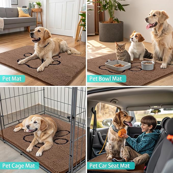 Smiry Dog Door Mat for Muddy Paws, Absorbent Dirt Trapper Non Slip Quick Dry Washable Chenille Mat for Mud Dogs, Entry Rug for Indoor and Outdoor (40x32 Inches, Coffee and Black)