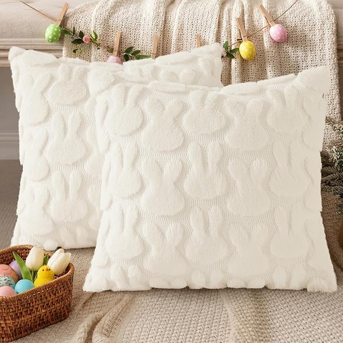 decorUhome Easter Bunny Pillow Covers 16x16 Inch Set of 2, Soft Plush Faux Wool Jacquard Cream White Rabbit Cushion Covers, Farmhouse Neutral Spring Easter Holiday Decor for Couch Sofa Bed