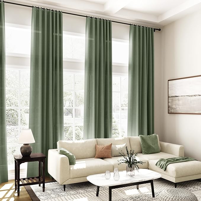 Nanspring Olive Green Linen Blend Semi Sheer Curtains 108 Inches Long x 60 Inches Wide, 2 Panel Set Back Tab Privacy Filtered and Breathable Extended Curtain for Bedroom Living Room 60x108