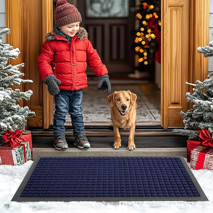 Smiry Front Door Mat Outside Entrance, Heavy Duty Natural Rubber Doormat, Non Slip, Trap Dirt and Moisture, Easy Clean, Low Profile Welcome Floor Mats for Indoor Outdoor Entry, 47x23 Inch, Navy Blue