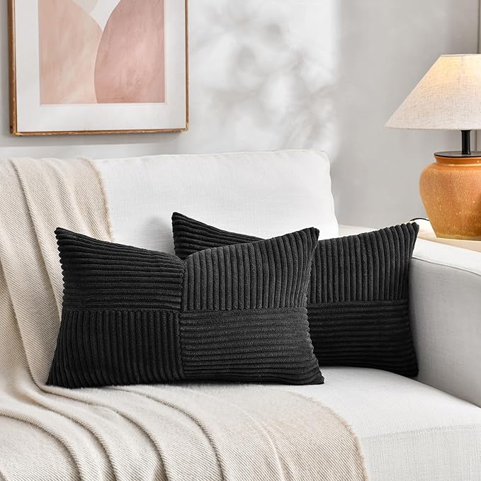 Fancy Homi 2 Packs Black Lumbar Decorative Throw Pillow Covers 16x28 Inch for Living Room Couch Bed Sofa, Rustic Farmhouse Boho Home Decor, Soft Striped Corduroy Rectangle Accent Cushion Case 40x70 cm