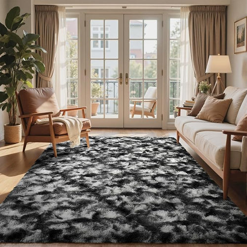 5x7 Ft Large Shag Rugs for Bedroom Living Room Decor for Men Boys, Tie Dyed Ultra Soft Fluffy Furry Area Rug for Indoor Floor, Aesthetic Carpet for Home Decor (Black Grey)