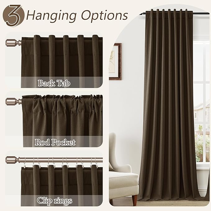Guken 100% Blackout Curtains 120 Inch Length 2 Panels Set for Living Room Bedroom Back Tab Thermal Insulated Black Out Linen Drapes Room Darkening Chocolate,52x120
