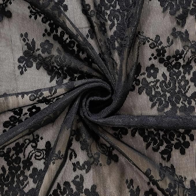 YJ YANJUN Vintage Lace Curtains 45 Inch Length-Victorian Dark Floral Pattern Black Sheer Curtain Panels for Kitchen Bedroom,Light Filtering, Gothic Witchy Halloween Short Drapes 2 Panels 52W x 45L