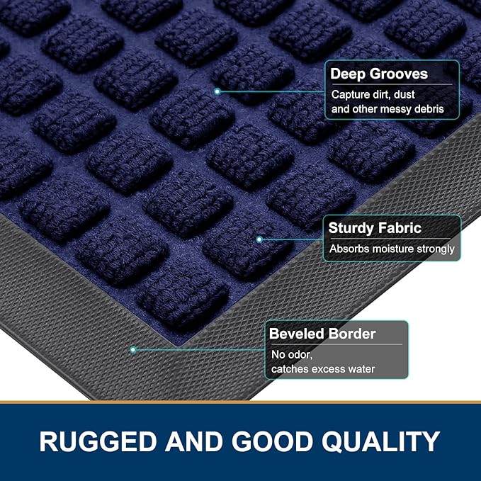 Smiry Front Door Mat Outside Entrance, Heavy Duty Natural Rubber Doormat, Non Slip, Trap Dirt and Moisture, Easy Clean, Low Profile Welcome Floor Mats for Indoor Outdoor Entry, 59x34 Inch, Navy Blue