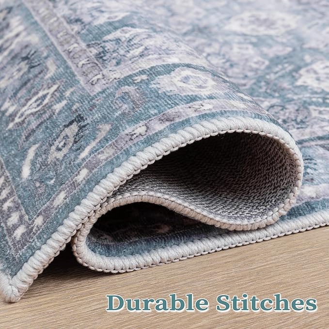 SERISSA Area Rug 4x6 Boho Rugs for Bedroom, Washable Non-Slip Living Room Rugs, Ultra Soft Print Distressed Low-Pile Throw Rug Blue Grey Carpet for Nursery Dorm Kitchen Living Room Decor