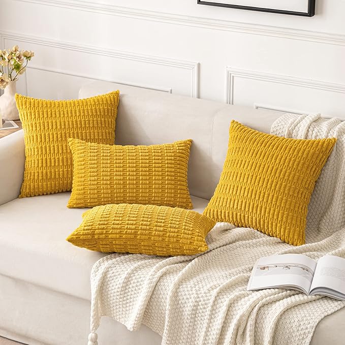 MIULEE Pack of 2 Corduroy Decorative Throw Pillow Covers 16x16 Inch Soft Boho Striped Pillow Covers Modern Farmhouse Home Decor for Summer Sofa Living Room Couch Bed Mustard Yellow