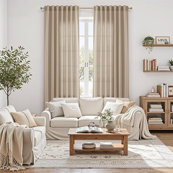 Sepia Beige Linen Curtains 120 Inches Long for Living Room Farmhouse Decor Light Filtering Semi Sheer Curtain Back Tab Neutral Extra Long Floor to Ceiling High Window for Bedroom 52x120, 2 Panels