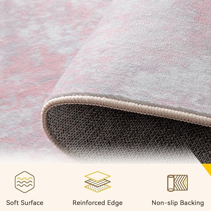 Washable Area Rugs Square 8ft Non-Slip Modern Abstract Soft for Living Room Entryway Bedroom Nursery, Print Pattern, Grey Pink