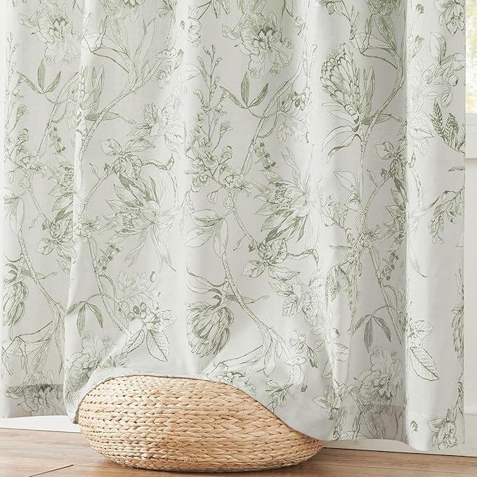 jinchan Floral Curtains 84 Inches Long Sage Green Flower Linen Farmhouse Curtain for Living Room French Country Vintage Curtain Rod Pocket Curtains Set 2 Panels Floral Printed