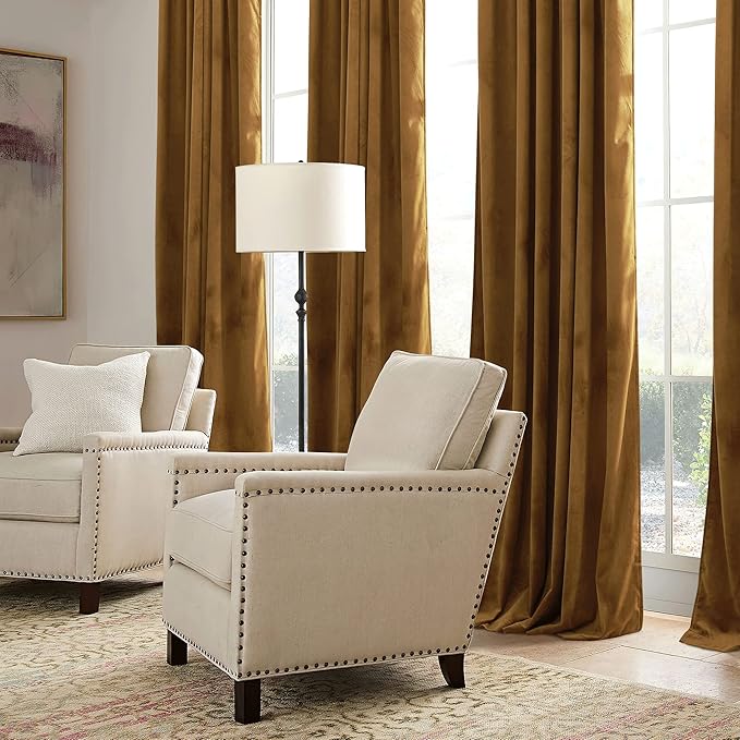 RYB HOME Velvet Blackout Curtains - Smooth Plush Privacy Blackout Energy Efficient Window Treatment Vintage Luxury Decoration for Retro Living Room, W52 x L90, Golden Brown, 2 Pieces
