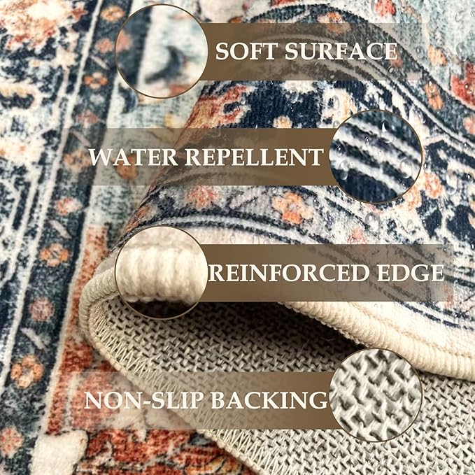 RELEANY Area Rugs 2'x6' Runner Rug Non Slip Washable for Kitchen Hallway Bedroom Beside Laundry Room Bathroom Rug, Floor Carpet, Beige Navy Blue Orange Colorful