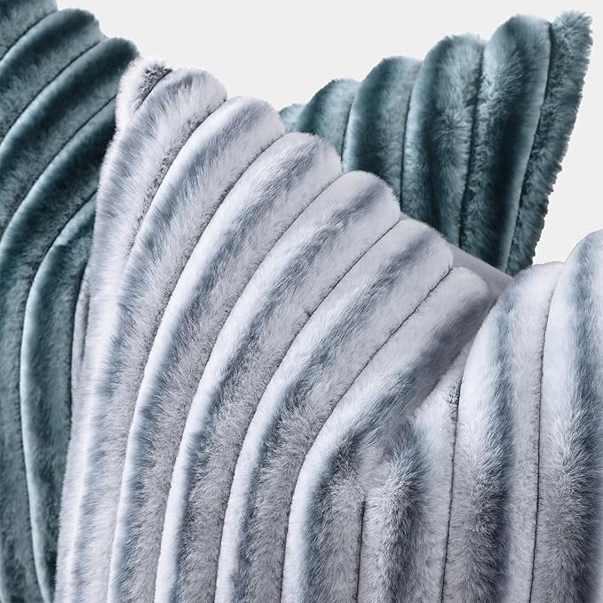 decorUhome Cozy Faux Fur Throw Pillow Covers 26x26 Set of 2 Decorative Soft Plush Striped Modern Farmhouse Boho Couch Euro Sham Pillow Cases with Velvet Back for Sofa Bed Living Room, Blue Grey