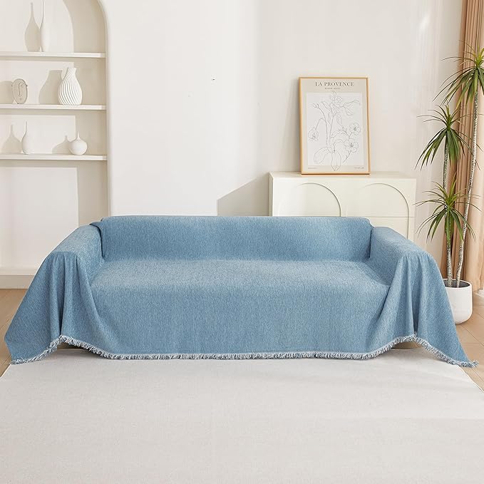 MYSKY HOME Couch Cover Sofa Covers, Sectional Couch Covers for 2 Cushion Couch Sofa, Chenille Sofa Slipcovers, Futon Covers, Machine Washable, Soft Furniture Protector for Kid, 91" x 118", Blue