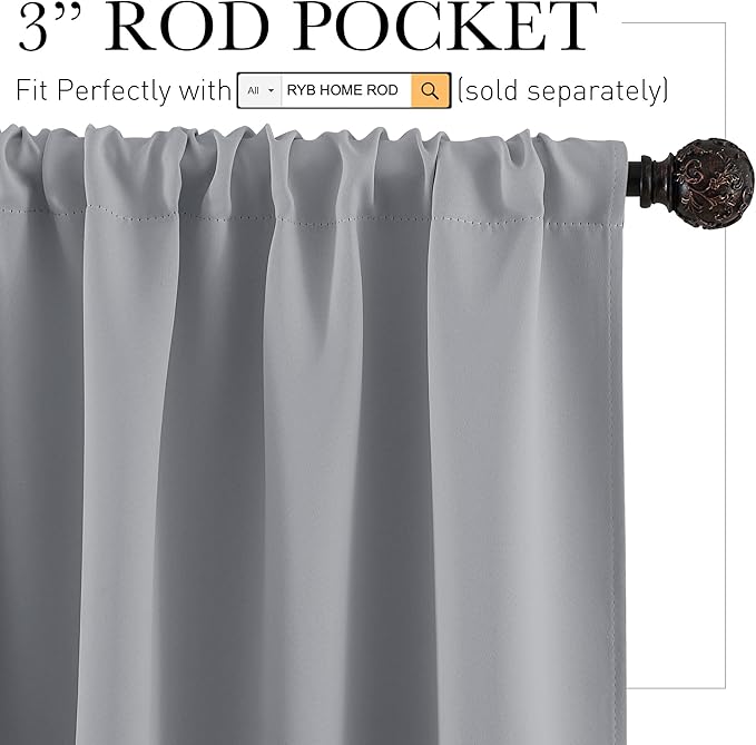 RYB HOME Blackout French Door Window Curtain Covering, Rod Pocket Thermal Insulated Privacy Non See Through Drapes for Bathroom Window, Width 29 by Length 45, Silver Grey, 2 Panels