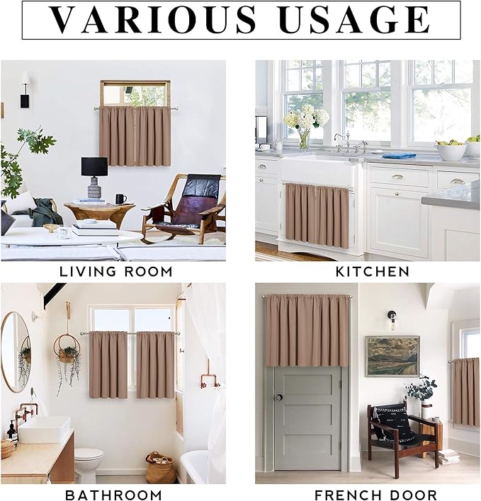 RYB HOME Short Mocha Blackout Curtains for Small Bedroom Window, Insulating UV Blocking Drapes for Kitchen Cafe Basement Garage, Privacy Tiers for Bathroom Window, Width 42 by Length 36, Set of 2