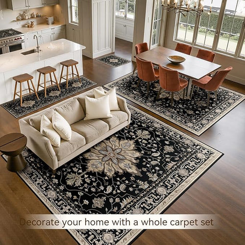 Area Rugs 6'x9' Washable Non-Slip, Floral Vintage Distress Print Pattern Medallion Carpet for Living Room Bedroom Dining Room, Black Brown Neutral Dark Tan