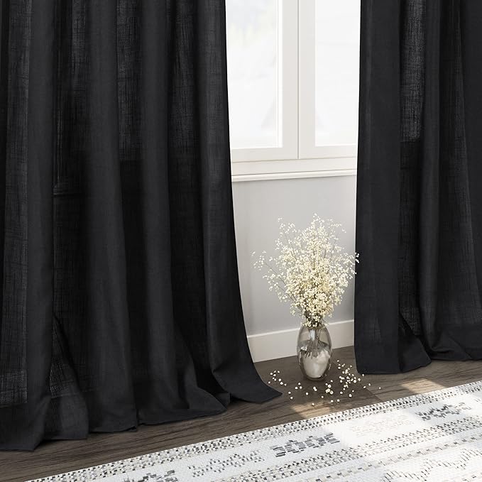 Black Linen Textured 96 Inch Curtains 2 Panel Set Back Tab Rod Pocket Sheer Light Filtering Boho Room Decor Aesthetic Curtains Burlap Look Curtain Drapes for Living Room Bedroom 8Ft 40x96 Inches