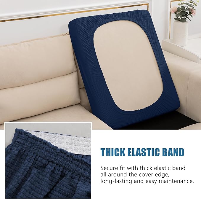 Water Repellent Sofa Seat Cushion Covers Stretch Stylish Furniture Cover, Small Checked Pattern Super Soft Slipcover Machine Washable (Loveseat Cushion, Navy)