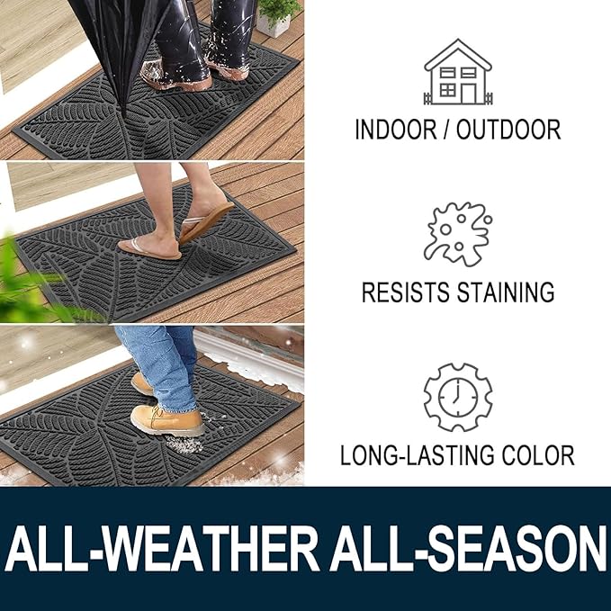 Colorxy Waterproof Doormat, Sturdy Natural Rubber Front Indoor Mat, Non Slip Low Profile Indoor Outdoor Door Mats, Stain and Fade Resistant Floor Mat, Easy Clean Patio Entry Mat, 59''x20'', Light Grey