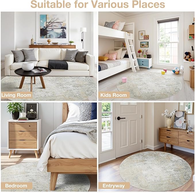 Round Rug 5ft Circle Rug Washable: Carpet Small Circular Area Rug for Entryway Kitchen Bedroom Dining Room Living Room 5 Feet Abstract College Dorm Non Slip Low Pile Beige Grey