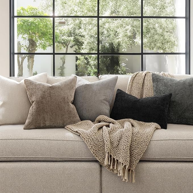 MIULEE Pack of 2 Euro Sham Pillow Covers 24x24 Inch Neutral Khaki Modern Boho Accent Decorative Throw Pillow Covers Soft Chenille Farmhouse Cushion Covers for Home Decor Couch Bed Sofa Living Room
