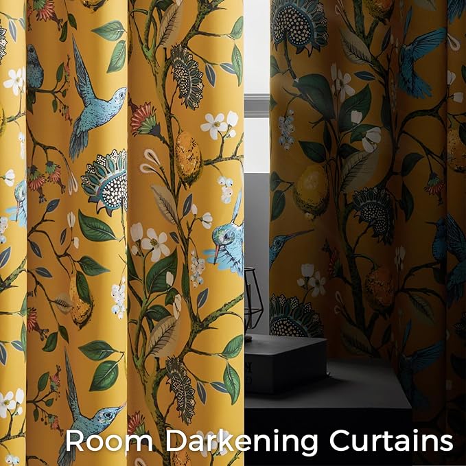 Topfinel Sliding Door Patio Floral Curtains & Drapes, Blackout Extra Wide Room Divider Large Mustard Yellow Vintage Farmhouse Country Hummingbird Patterned Grommet Curtains 1 Single Panels W100 x L84