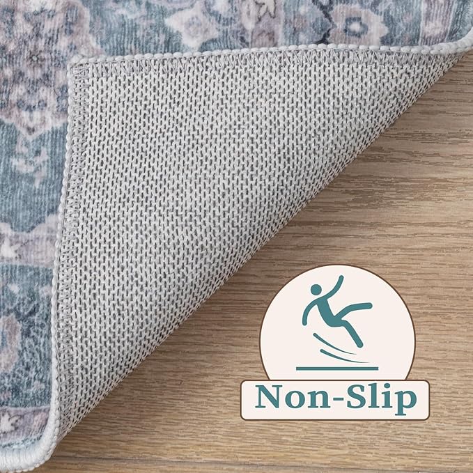 SERISSA Area Rug 4x6 Boho Rugs for Bedroom, Washable Non-Slip Living Room Rugs, Ultra Soft Print Distressed Low-Pile Throw Rug Blue Grey Carpet for Nursery Dorm Kitchen Living Room Decor