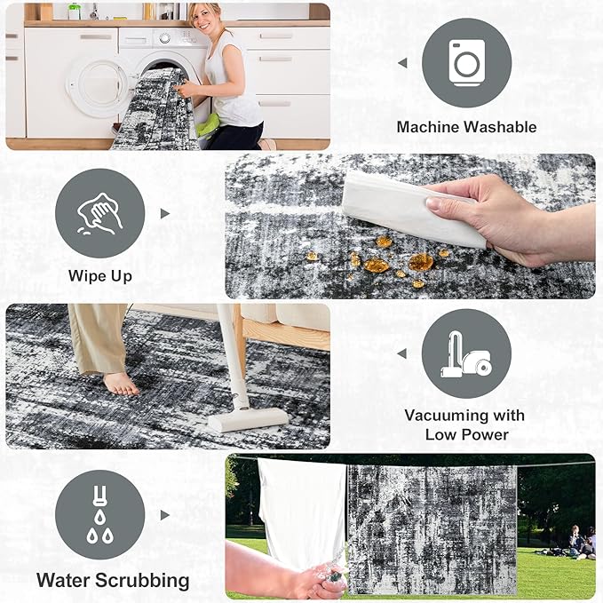 8x10 Area Rugs for Living Room - Washable Rug Modern Abstract Soft Large Neutral Non-Slip Carpet Indoor Floor Thin Carpets for Bedroom Dining Room Farmhouse Nursery Home Office Black