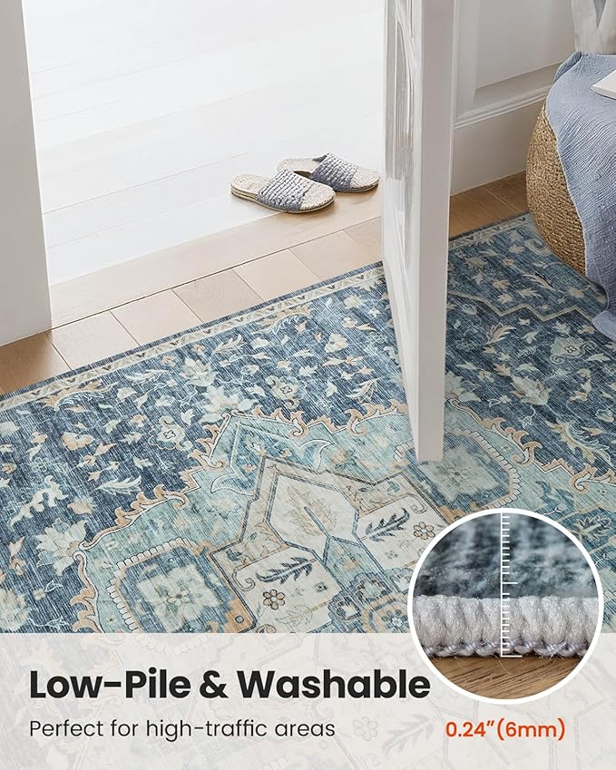 AMADA HOMEFURNISHING 2'6"x10' Washable Area Rug, Low-Profile Entryway Rug with Non-Slip Backing & Durable Edge Binding, Vintage Rug Pattern, Small Rugs for Entryway, Kitchen & Living Room
