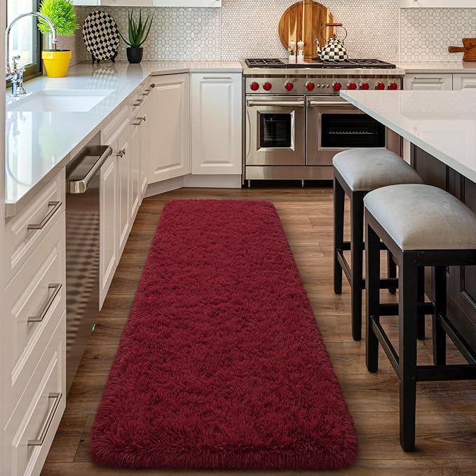 Amearea Shag Fluffy Runner Rug for Bedroom Girls Living Room, 2x6 Feet Extra Soft and Fuzzy Shaggy Rugs, Non Slip, Indoor Floor Long Carpet Mat for Boys Nursery Home Decor, Wine Red
