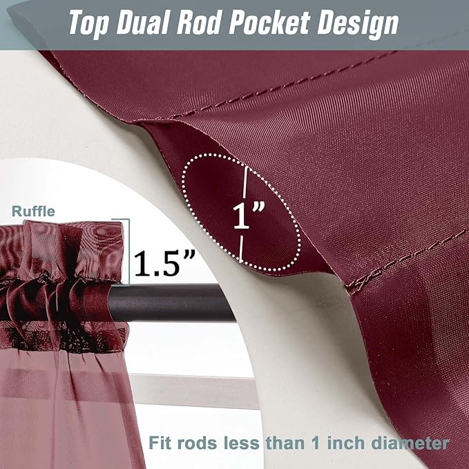 Burgundy Sheer Curtains for Window 72 inches Long 2 Panels, Soft Airy Light Filtering Sheer Curtains for Christmas Decoration, Dual Rod Pocket Solid Window Drapes, 2x42Wx72L inches
