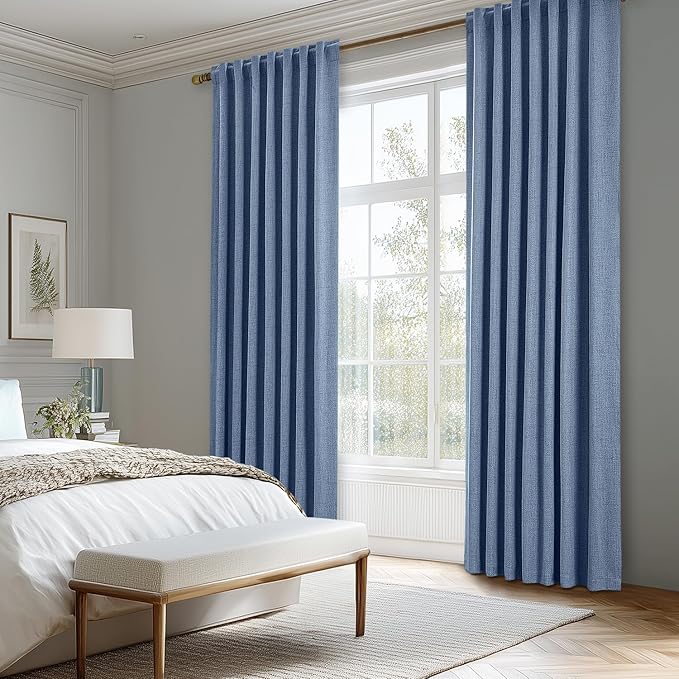 MIULEE 100% Blackout Linen Curtains for Bedroom, Blue Solid Luxury Decor Thermal Insulation Room Darkening Drapes for Living Room Nursery Back Tab Rod Pocket 42 x 72 Inches, 2 Panels