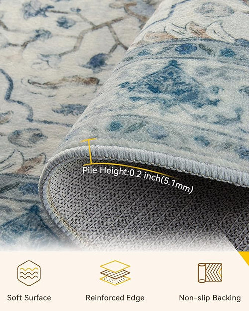 Area Rugs 4'x6' Washable Non-Slip, Floral Vintage Distress Print Pattern Medallion Carpet for Living Room Bedroom Dining Room, Light Blue Navy Beige Gray White