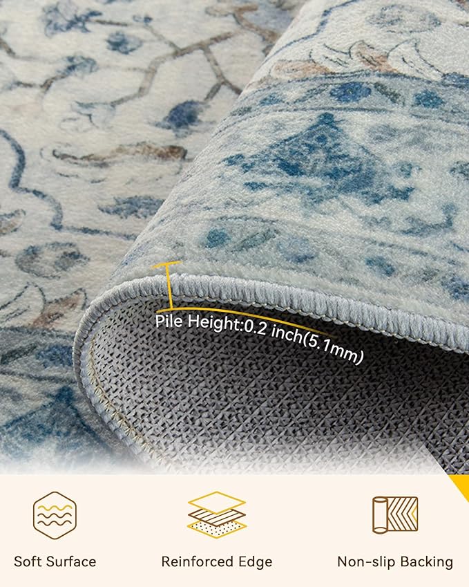 Area Rugs 10'x12' Washable Non-Slip, Floral Vintage Distress Print Pattern Medallion Carpet for Living Room Bedroom Dining Room, Light Blue Navy Beige Gray White