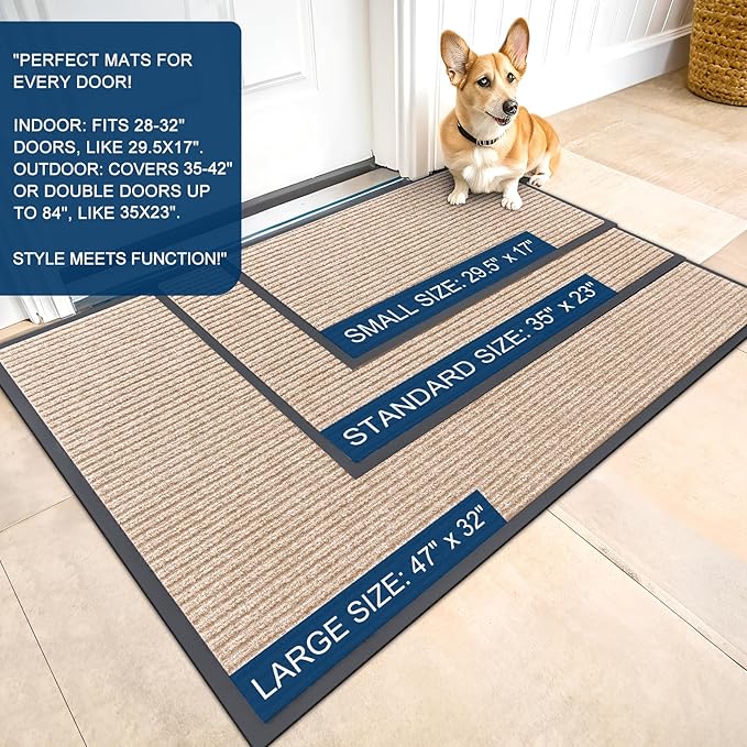 OLANLY Front Door Mat Indoor Outdoor Entrance, 2-Pack 47 x 32 Inch, Waterproof Heavy Duty Doormat, Fade Resistant, Low Profile, Easy Clean Patio Porch Welcome Floor Mats for Entry, Beige