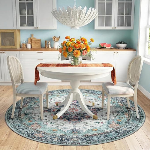 Area Rugs 6ft Washable Non-Slip, Floral Vintage Distress Print Pattern Medallion Carpet for Living Room Bedroom Dining Room, Green Navy Blue White Red Teal Colorful