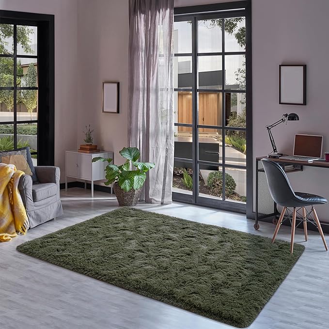 Goideal Fluffy Rug for Bedroom Living Room, 3x5 Olive Green Area Rugs, Faux Fur Shag Modern Carpet Ultra Soft Girls Boys Room Home Decor, Solid