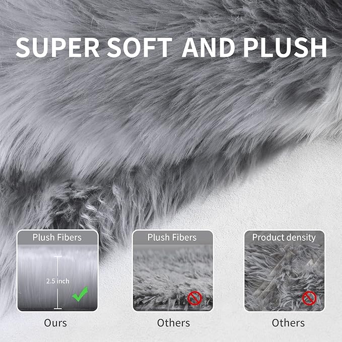Tangsoo Round Faux Fur Rugs, Sheepskin Round Rug 3ft, Grey Soft Small Circle Rug, 3x3 Fuzzy Plush Fur Rug, Shag Circular Rugs Floor Carpet for Bedroom, Kids Room, Nursery, Girls Room, Dorm