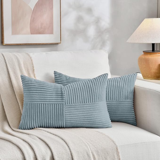 Fancy Homi Set of 2 Light Blue Lumbar Decorative Throw Pillow Covers 14x24 Inch for Couch Bed, Rustic Farmhouse Boho Home Decor, Soft Striped Corduroy Rectangle Accent Cushion Case 35x60 cm