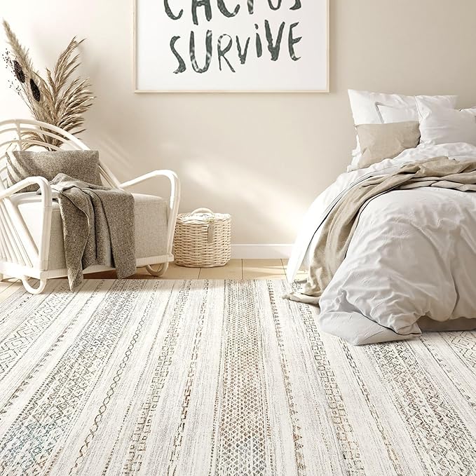 Nakagishi Area Rug Living Room Rugs: 4X6 Machine Washable Boho Large Neutral Farmhouse Stain Resistant Moroccan Indoor Floor Carpet for Bedroom Nursery Dorm Dining Room Home-Multi Color
