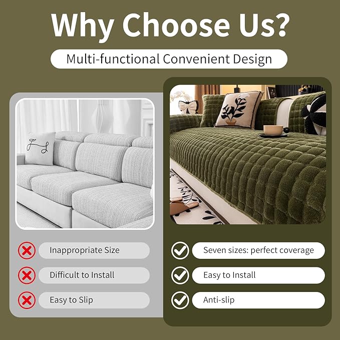 Velvet Couch Cover, Washable Sectional Sofa Cover, Anti Slip Sofa Slipcover for 3 Cushion Couch Sofa L Shaped Armrest Backrest, Furniture Protector Covers for Pets Kids(1PC,Green,36"×36")