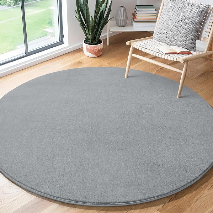 Amearea Grey Round Area Rugs 6ft Washable Circle Rugs for Bedroom Living Room, Fluffy Indoor Thickened Memory Foam Rug, Non Slip Minimalist Circular Carpet for Kids Boys Girls Dorm Nursery Room Decor