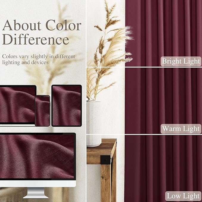 Nanspring Burgundy Linen Curtains for Living Room 126 Inches Long Light Filtering Semi Sheer Curtain Back Tab Vintage Boho Decor Drapes Floor to Ceiling High Window for Bedroom 52x126, 2 Panels