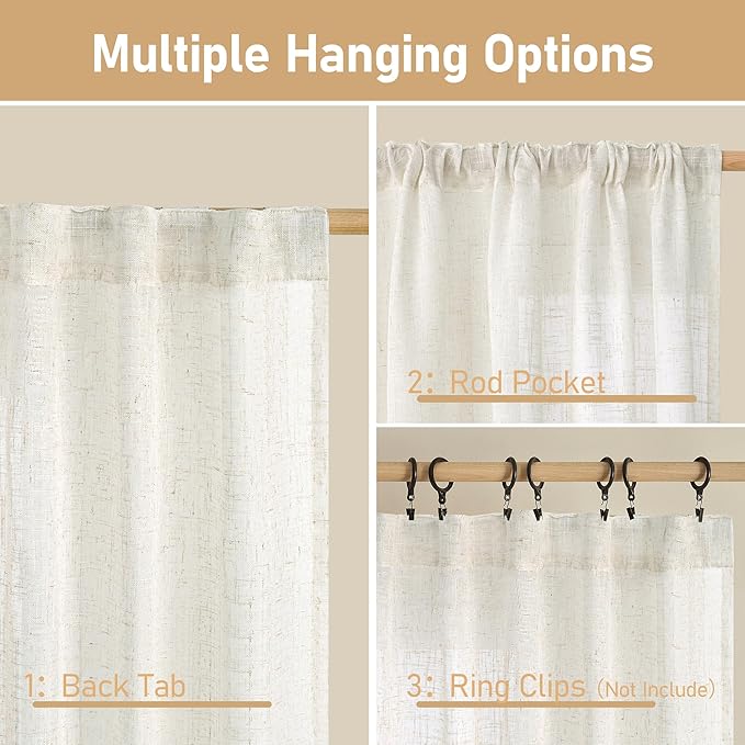 LAMIT Cream Linen Semi Sheer Curtains 63 Inch for Bedroom, Light Filtering Neutral Window Curtains Farmhouse Boho Back Tab and Rod Pocket Panels, 2 Panels, 38 x 63 Inch