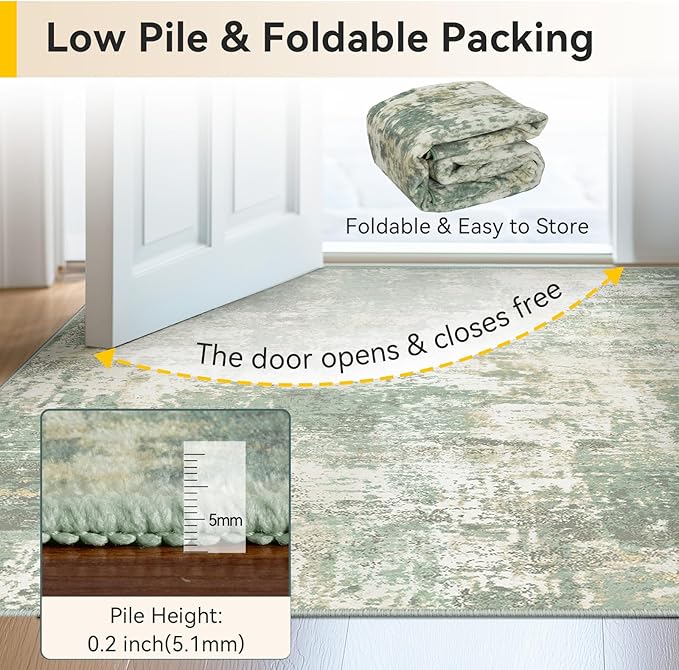 Washable Area Rugs 3'x5' Non-Slip Modern Abstract Soft for Living Room Entryway Bedroom Nursery, Print Pattern, Light Green/Yellow
