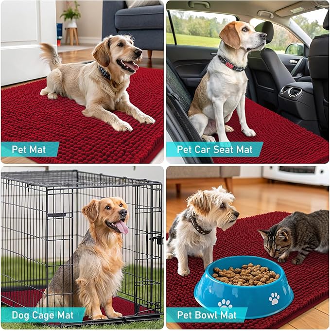 OLANLY Dog Door Mat for Muddy Paws 44x24, Absorbs Moisture and Dirt, Absorbent Non-Slip Washable Doormat, Quick Dry Chenille Mud Mat for Dogs, Entry Indoor Entryway Carpet for Inside Floor, Red
