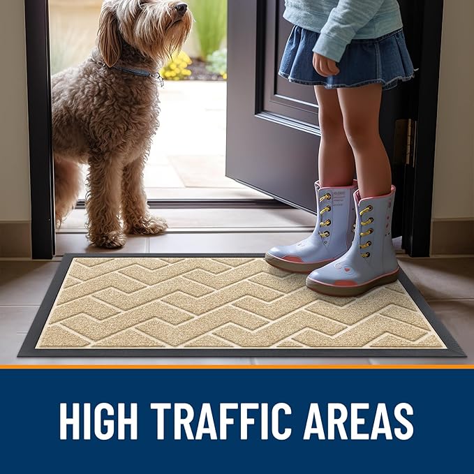 OLANLY Front Door Mat Indoor Outdoor Entrance, Waterproof All-Season, All-Weather Doormat, Sturdy Natural Rubber, Low Profile, Easy Clean Patio Porch Entryway Mat, Herringbone Brick (Beige, 47x17)