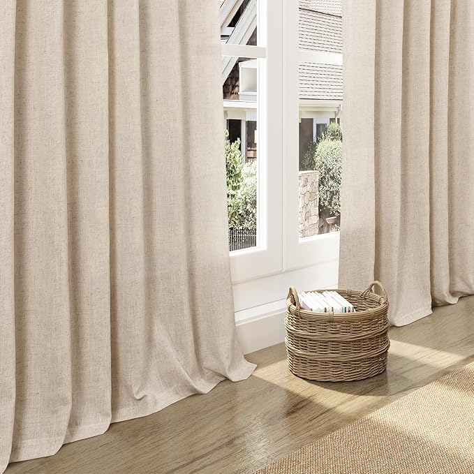 Nanspring Grey Flax Linen Curtains 102 Inches Long for Living Room Light Filtering Mordern Boho Sheer Curtains Back Tab and Rod Pocket Neutral Curtain for Bedroom Office 52x102, 2 Panels