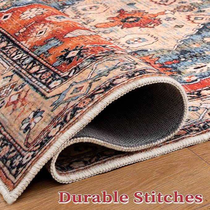 SERISSA Washable Rugs 6x9 Area Rugs, Large Non-Slip Boho Living Room Rug, Ultra Soft Vintage Print Distressed Oriental Tribal Farmhouse Carpet for Dining Room Bedroom Dorm Office Home Decor